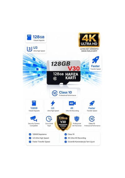 128 Gb Hafıza Kartı Faster Transfer Speed Class 10 4k Video Kayıt V30 Güvenlik Kamera Uyumlu