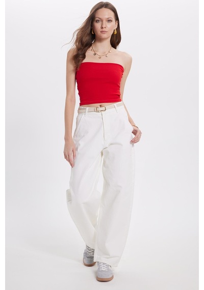 Tudors Kadın Slim Fit Dar Kesim Pamuklu Straplez Kırmızı Bluz-38843 Kırmızı