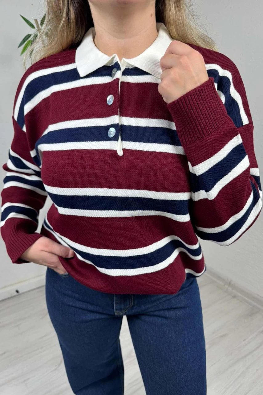 Explode - Kadın Bordo Polo Yaka Çizgili Oversize Triko Kazak Bordo