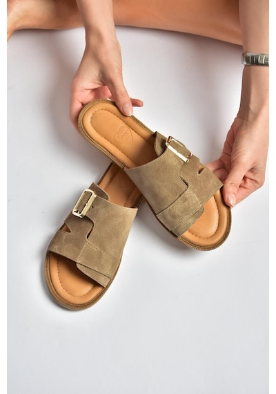 Fox Shoes Y944791002 Vizon Hakiki Deri Süet Kadın Terlik