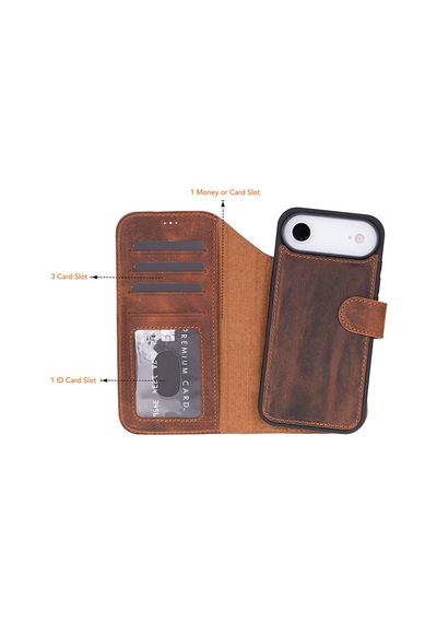 Bloomcase Magic Wallet Mahogany Saddle Hakiki Deri Apple Uyumlu iPhone 17 Air 6.5" Cüzdanlı Telefon Kılıfı Kahverengi