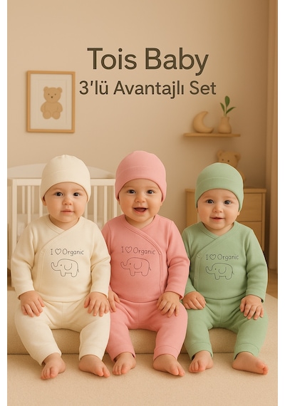 Tois Baby 3 Lü Avantajlı Set Hediyelik Organik Hastane Çıkışı Bebek Takımı 0-3 Ay Ekru Pembe Yeşil