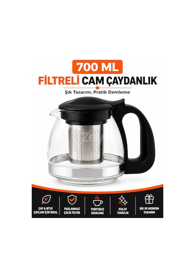 700 Ml Filtreli Cam Çaydanlık Paslanmaz Çelik Süzgeçli, Siyah Kapaklı Ve Kulplu, Isıya Dayanıklı Cam Demlik, Bitki Çayı Demliği
