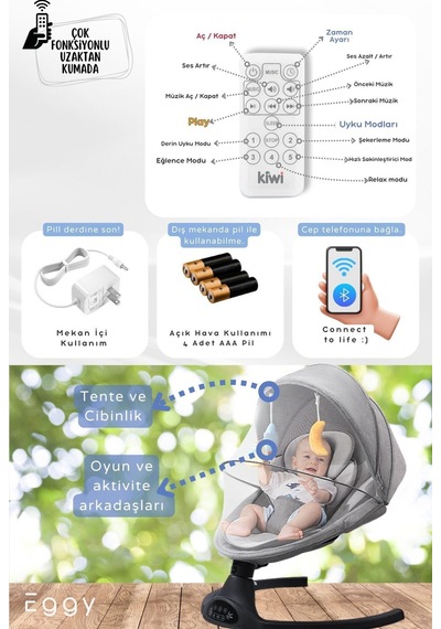 Kiwi Eggy Plus Elektrikli Otomatik Sallanan Bebek Ana Kucağı, 5 Farklı Sallanma Hızı, Oyuncaklı, Latte