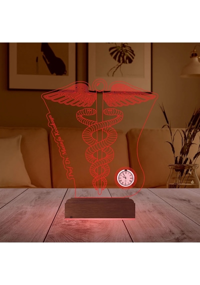 Luvivia Doktor Hediye Tıp Logo Tasarım Kişiye Özel Metal Saatli 3d Lamba - Masa Gece Lambası