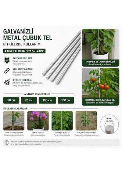 Bitki Destek Çubuğu 10 Ad 150 Cm Domates Biber Salatalık İçin Dayanıklı Bahçe Teli 4 Mm Galvanizli Paslanmaz Tel