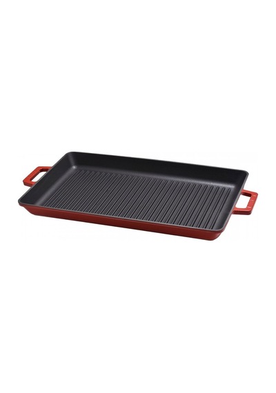 Lava Döküm Dikdörtgen Izgara Tavası Ölçü 26x45cm. Döküm Demir Yekpare Çift Kulplu - Kırmızı Kırmızı