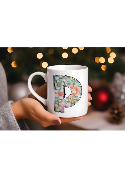 P Harfli Pastel Çiçek Desenli Kahve Kupası - Kişiye Özel Çiçekler Koleksiyonu Bardak - Hediye Beyaz