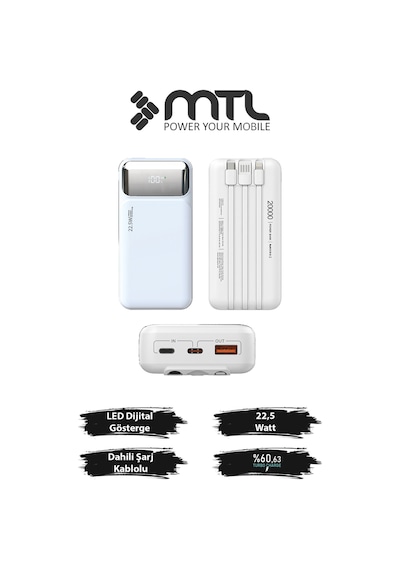 20000 Mah 22.5w Süper Hızlı Şarj Dahili Kablolu Dijital Led Göstergeli Pd Ve Qc 3.0 Powerbank Mt4320 Beyaz