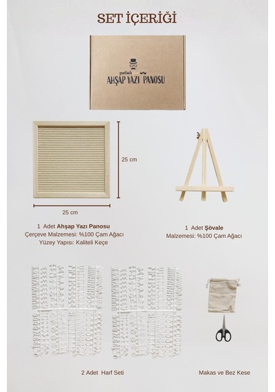 Woodart Premium Letter Board Seti, Şampanya Krem Keçe Yüzeyli Doğal Çam Ahşap Yazı Panosu Şövale Standlı Dekoratif Set