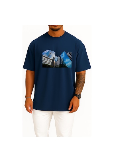 Bahriyeli Collection Oversize Hong Kong Mimarlık Binası Göğüs Tasarımlı Unisex T-shirt Lacivert