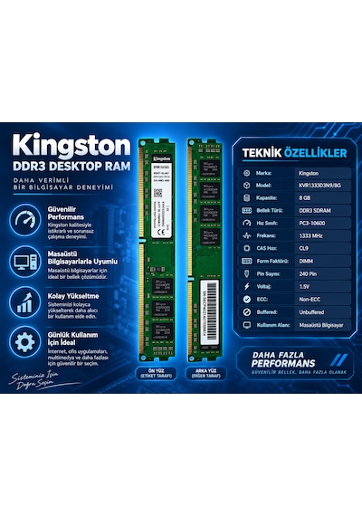 Kingston Kvr1333d3n9/8g 8gb Ddr3 1333mhz Cl9 240 Pin Masaüstü Ram