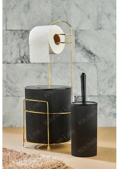Lüx Gold Banyo Tuvalet Kağıtlığı Çöp Kovası Tuvalet Fırçası 3lü Set 6 Litre Paslanmaz Tel Plastik Siyah