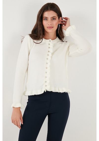 Lela Premium Pile Detaylı Regular Fit Yuvarlak Yaka Triko Bayan Hırka 680Hi00038 Ekru