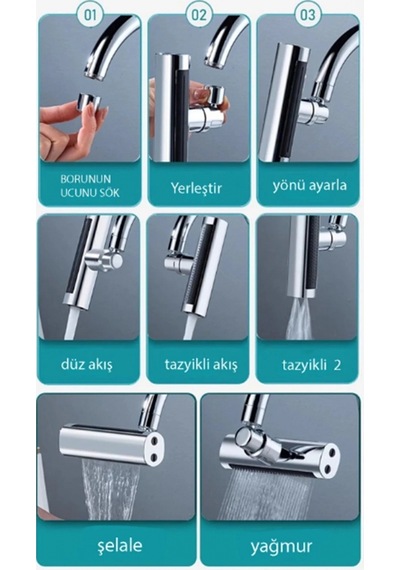Krom Tasarruflu Şelale Musluk Başlığı 4 Modlu, Ayarlanabilir, Su Tasarrufu Sağlayan Pratik Başlık Çok renkli