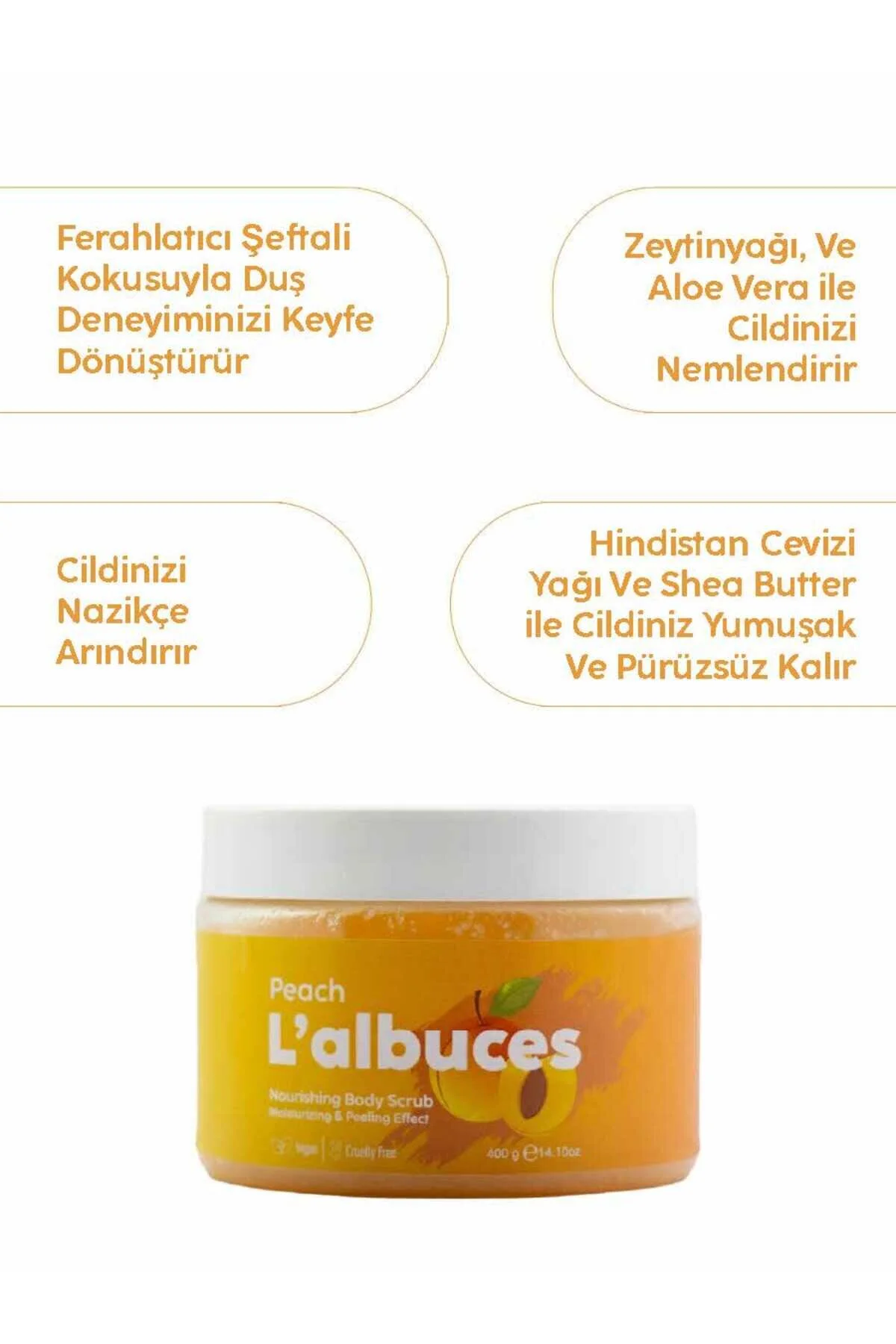Peach Body Scrub 400gr Vegan, Temiz İçerikli, Şeftali Kokulu Pürüzsüz Cilt Bakımı