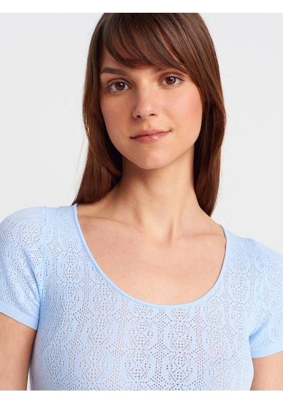 Dilvin 10755 Kısa Kollu Dantel Dokulu İnce Triko Bluz-mavi Mavi