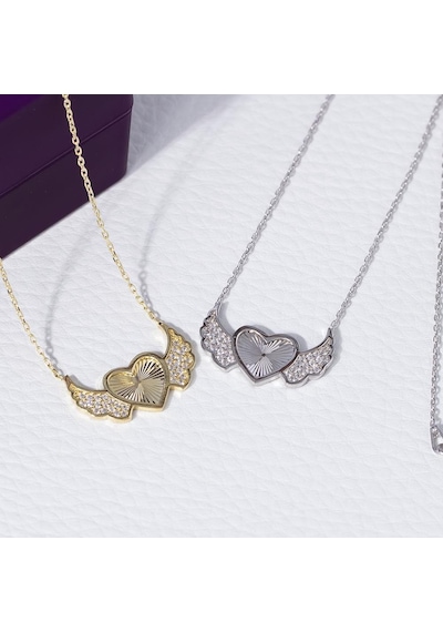Nagiss Kalp Melek Kanadı Model Gold Rengi Zirkon Taşlı 925 Ayar Gümüş Kadın Kolye