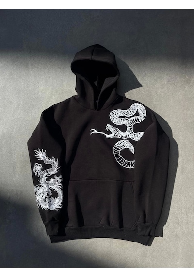 İkales Uzun Kol Kapşonlu Baskılı Sweatshirt - Siyah