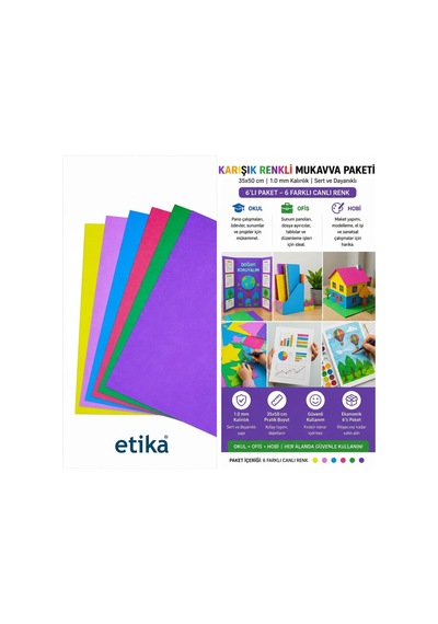 Etika Karışık Renkli Mukavva 35x50 Cm 6'li Paket - 1.0 Mm Kalınlık - 6 Farklı Canlı Renk, Okul Projeleri Ve Sanat