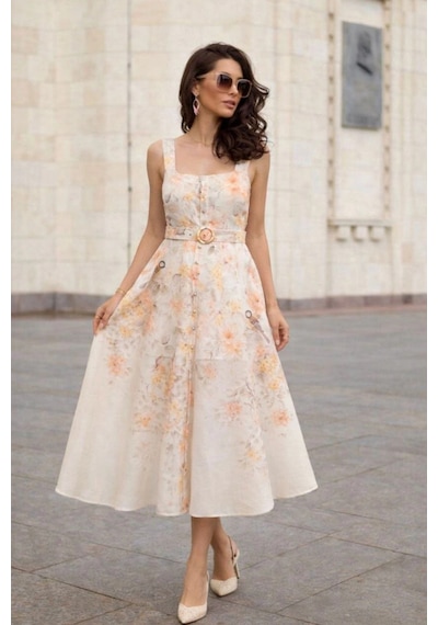 Asprinfashion Kadın Çiçek Desenli Kemerli Düğme Detaylı Midi Elbise İthal Kumaş Bej
