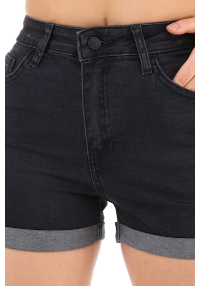 Cedy Denim Kadın Yüksek Bel Duble Paça Kot Şort Klasik Mini Jean Şort C604 Antrasit