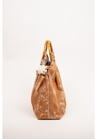 Fabric Craft Bag El Çantası Keten Kumaş Bambu Saplı Çiçek Desen Taba - Kahverengi