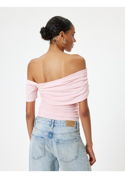 Koton Kayık Yaka Tişört Drape Detaylı Slim Fit Kısa Kollu Pembe 4sal11078ık Gül