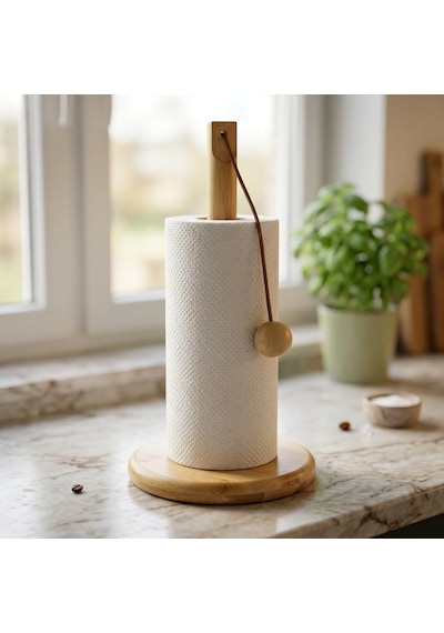 Doğal Bambu Bohem Top Tutacaklı Kağıt Havluluk - Dekoratif Ahşap Stand 30x14 Cm, Kahve Ve Bambu Renk Seçenekli, 1 Adet Doğal Diğer