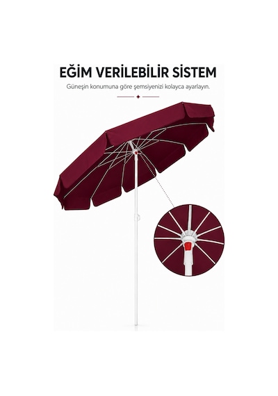 Bordo Plaj Şemsiyesi 200 Cm Çap /10 Telli, Polyester Kumaş Bordo