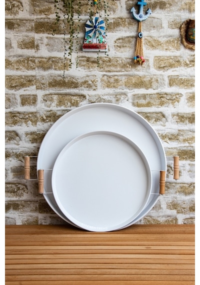 2'li Ahşap Kulplu 45 Cm Metal Tepsi Ve 37 Cm Beyaz Tepsi Çay Kahve Sunum Tepsisi Beyaz