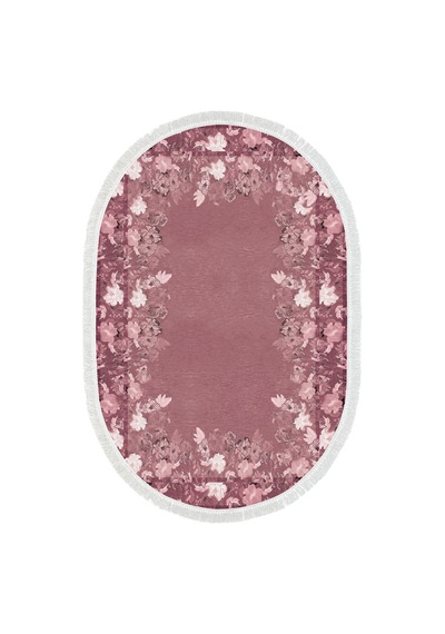 Dijital Baskılı Oval Salon Halısı Kaymaz Yıkanabilir Keçe Taban Saçaklı Çiçekli P1388 Bordo