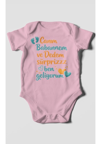 Morivokids Babaanneye Ve Dedeye Özel Kısa Kollu Bebek Body %100 Pamuk Koyu Pembe