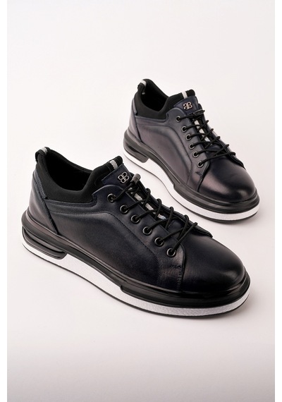 Muggo Reid Hakiki Deri Erkek Kalın Taban Bağcıklı Günlük Casual Sneaker Lacivert