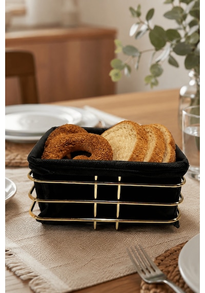 Parlak Altın Siyah Kumaş Kare Ekmek Sunum Sepeti, Kahvaltı Sunumu,kafe, Restoran Ve Otel Tipi 20x20 Cm