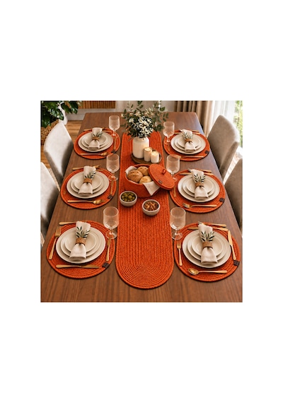 6 Kişilik Örgü Amerikan Servis Takımı Supla Runner Ve Kapaklı Ekmek Sepetli 8 Parça Sofra Takımı Turuncu Turuncu
