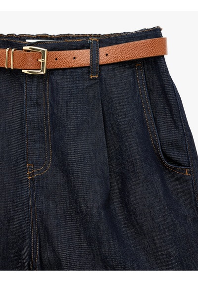 Koton Rahat Kalıp Duble Paça Cepli Kemerli Mini Jean Şort Raw 6sal40304md 63x