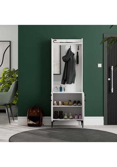 5020 Royal Sol Aynalı 2 Kapaklı 2 Askılı Portmanto Beyaz