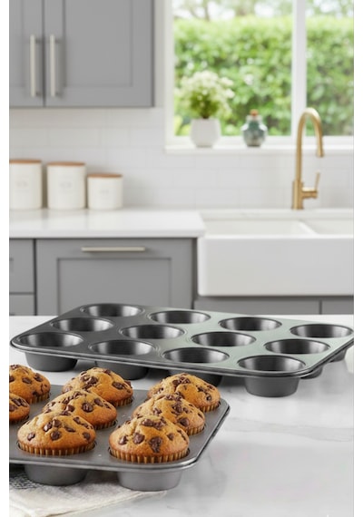 12'li Muffin Cupcake Pişirme Kalıbı Yapışmaz Çok Amaçlı Fırın Kalıbı Antrasit