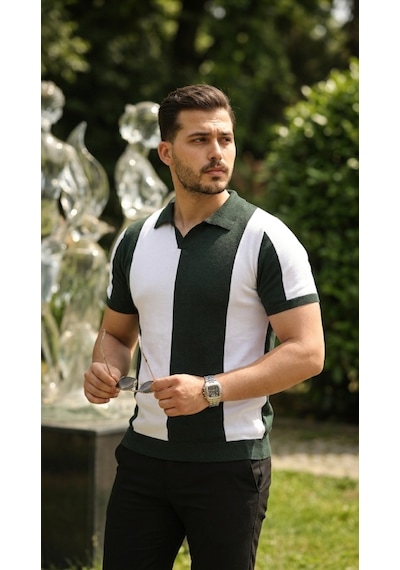 Suma Erkek Kısa Kollu Polo Yakalı Blok Desenli Triko Bluz Yeşil
