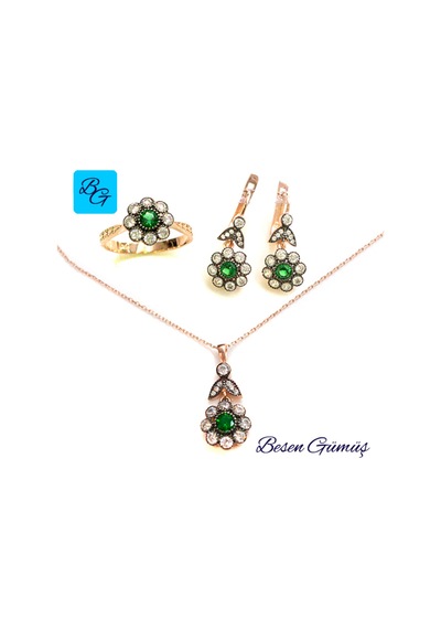 Yeşil Taşlı Papatya Model Set Rose Gold - Gümüş