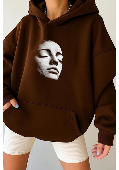 Benroma 3 İplik Penye Silüet Unisex Kapüşonlu Sweat Kahverengi