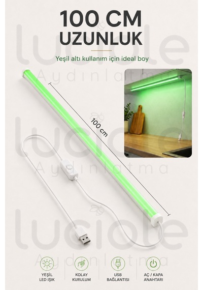 Yeşil Led Profil Lamba 100 Cm Usb 5v Anahtarlı Yapışkanlı Raf Dolap Vitrin Tezgah Aydınlatması