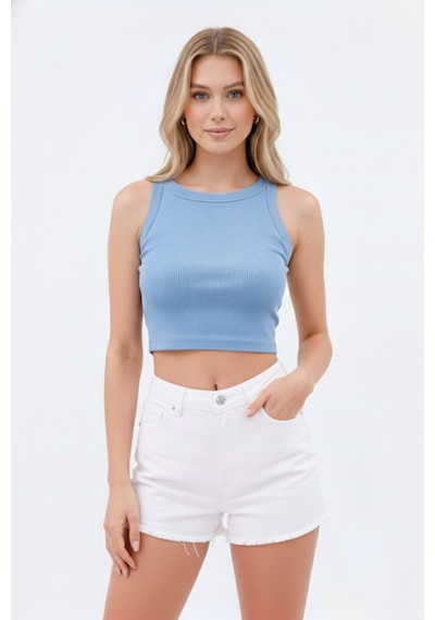 Zedefx Kadın Halter Yaka Pencere Detaylı Crop Bluz Mavi