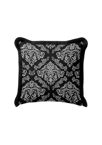 Barok Lüks Saçaklı Yastık Kılıfı - Siyah Gümüş Klasik Elegan Püsküllü Kırlent Kılıfı Göl Açık Bej