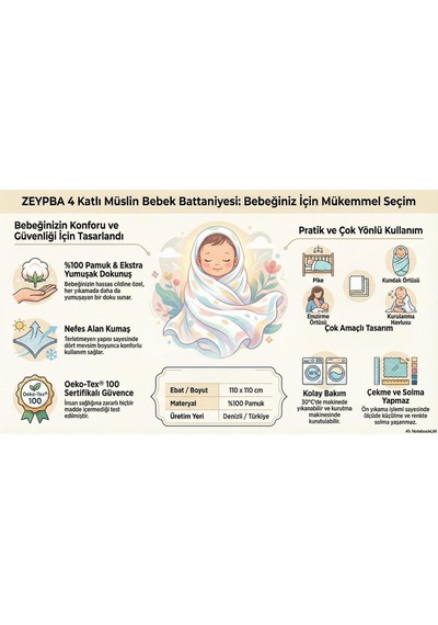 Zeypba 4 Katlı Müslin Kenar Dikişli Bebek-çocuk Müslin %100pamuk 90x100 CM Lila