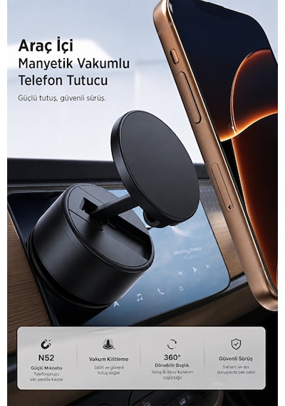 Güçlü Vakumlu 360 Ayarlanabilir Manyetik Araç İçi Telefon Tutucu Siyah
