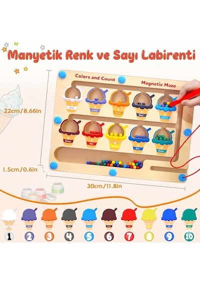 Manyetik Kalemli Renk Ve Sayı Labirenti Eğitici Ahşap Dondurma Temalı Zeka Oyunu