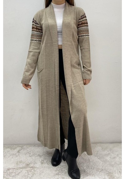Onno Style Women Kilim Desen Uzun Ceket Bej