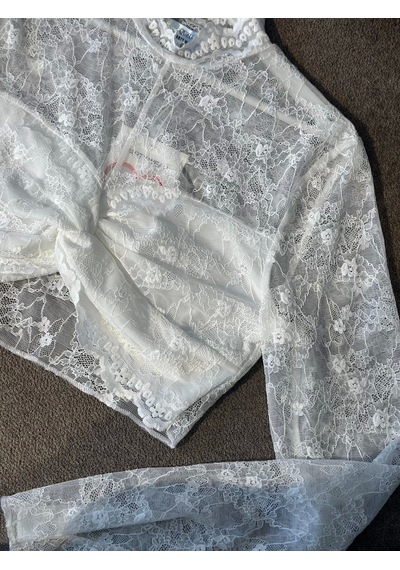 Quzu Dantel Crop Bluz Ekru Ekru